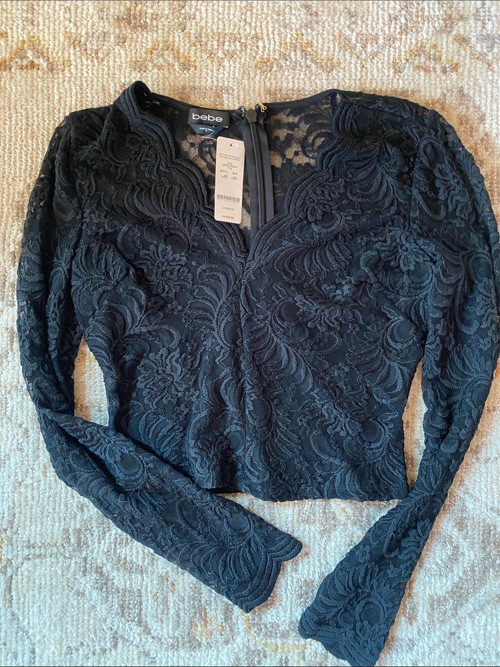 bebe Black Floral Lace Long-Sleeve Crop Top